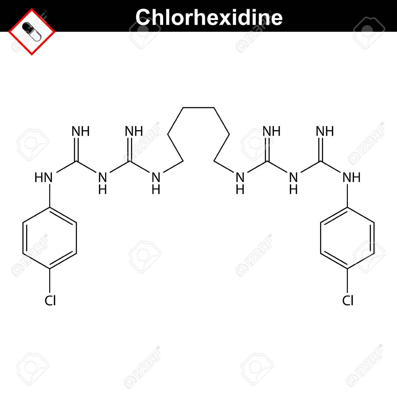 Chlorhexidine molecule, antibacterial antiseptic compound, 2d vector ...